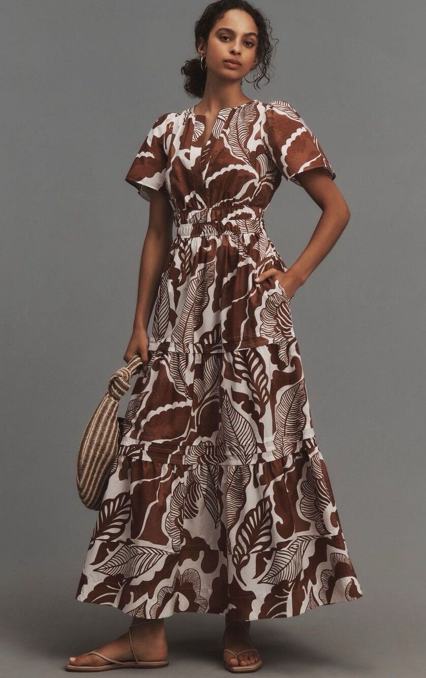 Anthropologie Maxi Dress Somerset Puff Sleeve Brown Floral Vacay Retro Sz 3X NWT